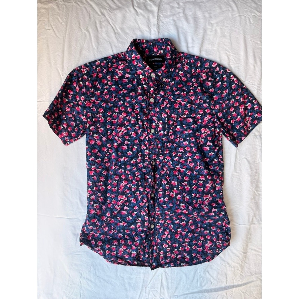 Bonobos Mens Slim Fit Short Sleeve Floral Button Down Shirt Navy Pink XS Short